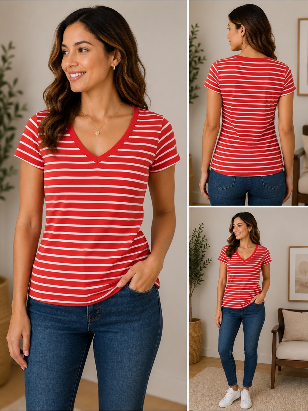 Merona Red and White Striped V-Neck Short Sleeve Tee